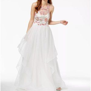 Sequin Hearts Embroidered Floral Mesh Halter Gown